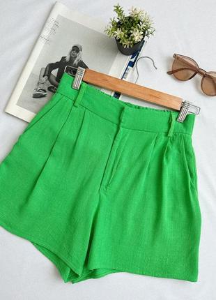 Зеленые льняные шорты zara высокая посадка