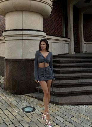 Костюм двойка в рубчик на завязках, костюм юбка + топ с завязками, костюм с юбкой, 225