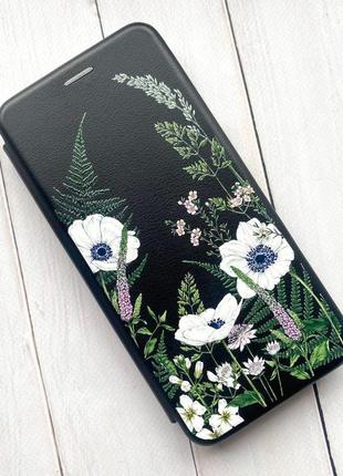 Чехол-книжка с рисунком для xiaomi redmi 10c черный :: цветы полевые (принт 363)2 фото