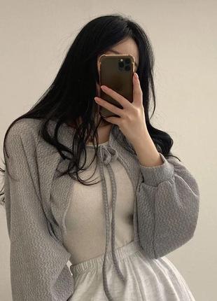 Серый вязаный y2k кардиган болеро на шнуровке <unk> <unk> <unk> >𐀔 ִ ۫ ּ