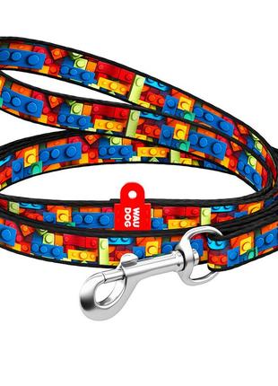 Повідець для котів та дрібних порід собак нейлоновий waudog nylon, малюнок "блоки", xs, ш 10 мм, дов 122 см