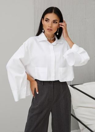 Бавовняна вкорочена сорочка з кишенями, жіноча рубашка на гудзиках, світ