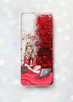 Чехол с плавающими блестками на samsung galaxy a03s (a037) красный девушка с вином (принт 220)