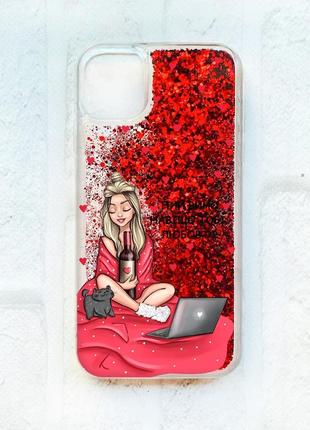 Чехол с плавающими блестками на iphone 11 красный девушка с вином (принт 220)