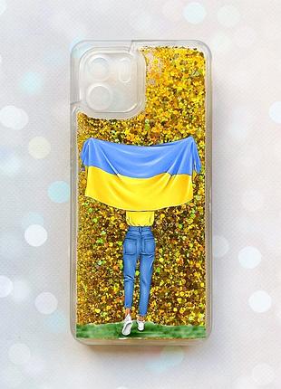 Чехол с плавающими блестками на xiaomi redmi a1 золотой девушка с флагом (принт 263)
