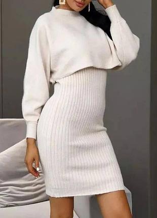 Теплый женский комплект на осень, платье и кофта на длинный рукав, кашемир в составе
