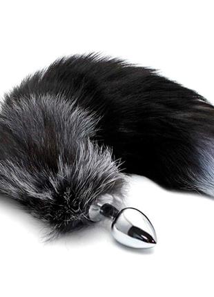 Металева анальна пробка лисячий хвіст alive black and white fox tail m, діаметр 3,4 см