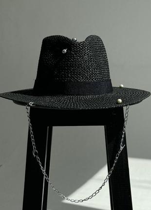 Капелюх федора жіночий d.hats з рафія з ланцюгом серебро з кільцями чорний