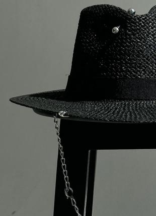 Капелюх федора жіночий d.hats з рафія з ланцюгом серебро з кільцями чорний2 фото