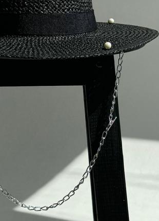 Капелюх федора жіночий d.hats з рафія з ланцюгом серебро з кільцями чорний3 фото