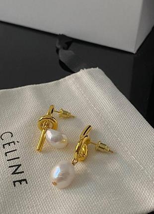 Селин серьги под золото с барочной жемчужиной / брендовые серьги селин узелок / celine серьги