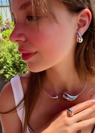 Капля сережки, подвеска, кольцо - комплект капелька под серебро /  набор капля
