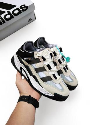 Молодіжні кросівки adidas niteball, жіночі адідаси, бежеві з чорним, замша + текстиль, сітка топ