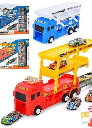 Трейлер із машинками "catapult truck" 22 см на запуску, дорожні знаки
