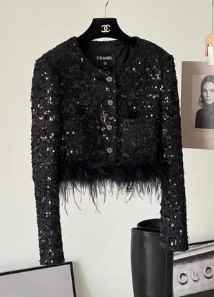 Піджак жакет в стилі chanel з паєтками пір'ям чорний
