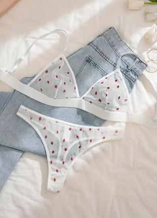 Ніжний білий комплект з еластичної сіточки жіноча прозора еротична сексуальна білизна полуничка