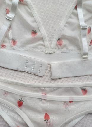 Ніжний білий комплект з еластичної сіточки жіноча прозора еротична сексуальна білизна полуничка