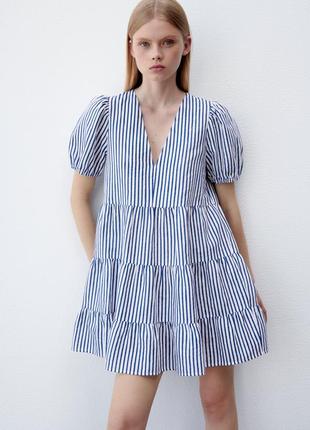 Многоярусное платье в полоску zara из льняной смеси