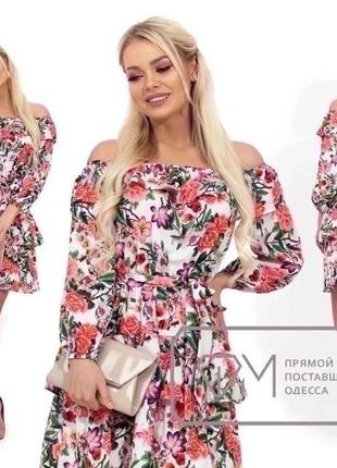 Женское короткое платье сарафан с цветочными принтом вырезом "анжелика" длинными рукавами и оборками