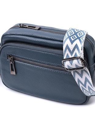 Оригінальна жіноча сумка з накладною кишенею з натуральної шкіри vintage 22641 синя