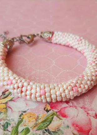 Браслет нежн цвет бисер чешс бижутер бохо ручн работ hand made вязан белый розов boho жгут этно лариат accesorise