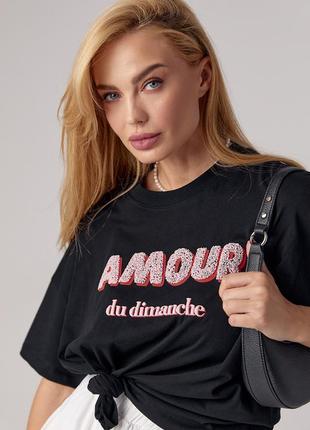 Женская трикотажная футболка oversize с надписью amour - черный цвет. модель 241027