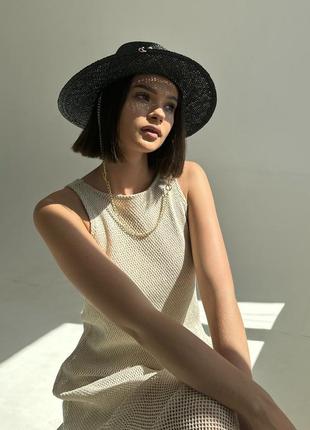 Капелюх федора жіночий d.hats з рафія з ланцюгом золото з кільцями чорний9 фото