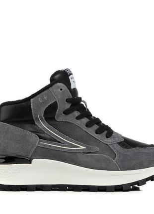 Женские кожаные высокие кроссовки осенние с утеплением на удобной белой подошве и платформ...