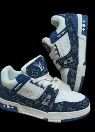 Кроссовки в стиле louis vuitton trainer женские кожа/текстиль белые с синими вставками