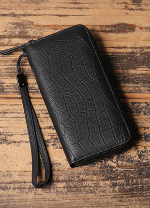 Мужской кожаный клатч кошелек рептилия на молнии, портмоне натуральная кожа крокодил черный мужественный кожаный