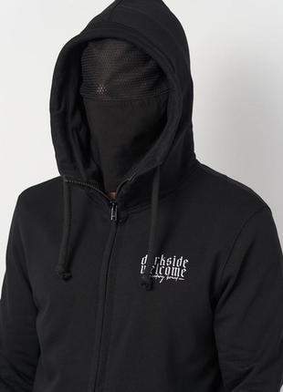 Толстовка чоловіча чорна dark side welcome худі трьохнитка на блискавці з капюшоном і принтом на спині4 фото
