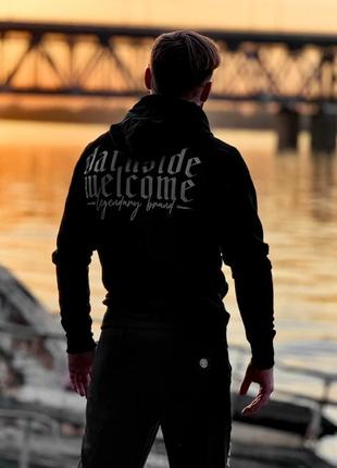 Толстовка чоловіча чорна dark side welcome худі трьохнитка на блискавці з капюшоном і принтом на спині6 фото