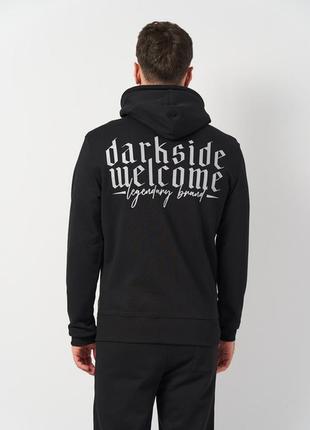 Толстовка чоловіча чорна dark side welcome худі трьохнитка на блискавці з капюшоном і принтом на спині