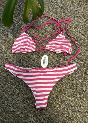 ☀️летний распродаж☀️ розовый купальник в полоску мини бикини бюстгальтер треугольники xs s
