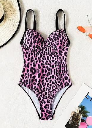 Леопардовый розовый сплошной сдельный купальник с чашками анжелика плавки бразилиана завышенные