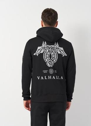 Толстовка чоловіча чорна dark side valhalla худі трьохнитка на блискавці з капюшоном і принтом на спині