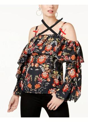 Невероятная блуза с чокером на спущенные плечи с воланом в цветочный принт2 фото