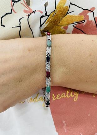 Серебряный браслет с натуральными камнями (рубин, сапфир, изумруд)