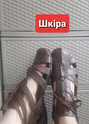 Кожаные сандали коричневые босоножки на низком каблуке