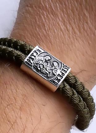 Серебряный браслет лавсан, наш, подарок мужчине, военному,милитари, серебро