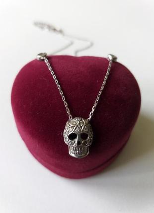 Серебряная цепочка. колье с черепом. ожерелье. серебро 925 проба. цирконии.