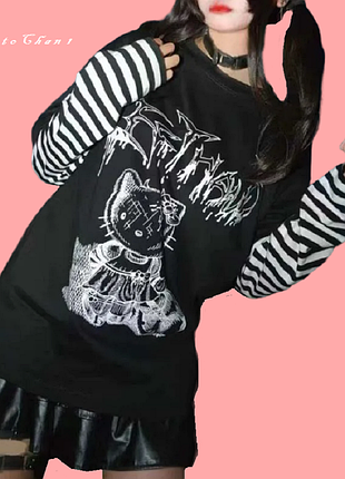 Лонгслів hello kitty кофтаобманка оверсайз футболка чорна з довгим смугастим рожевим рукавом