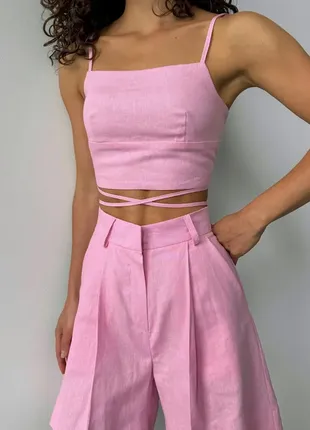 Льняной топ с завязками розовый