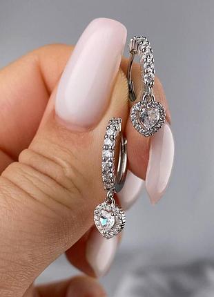 Сережки срібні з сердечком з фіанітами ( родій / позолота)