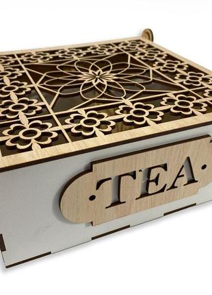 Коробка-органайзер для чаю tea з натурального дерева з різьбленням та перфорацією 22х22,5х7,5 см
