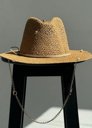 Капелюх федора жіночий d.hats з рафія з ланцюгом золото з кільцями коричневий
