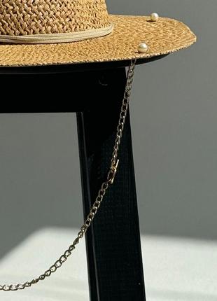 Капелюх федора жіночий d.hats з рафія з ланцюгом золото з кільцями коричневий2 фото