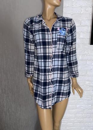 Байкова нічнушка на ґудзиках нічна сорочка в клітинку stich love to lounge 10-14р, xs-s