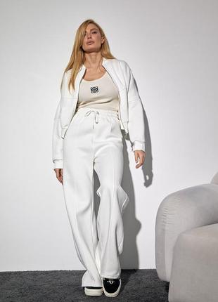 Утепленный женский спортивный костюм с бомбером и штанами - молочный цвет, l (есть размеры)6 фото
