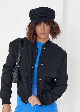 Женская куртка-бомбер с накладными карманами - черный цвет, l (есть размеры)